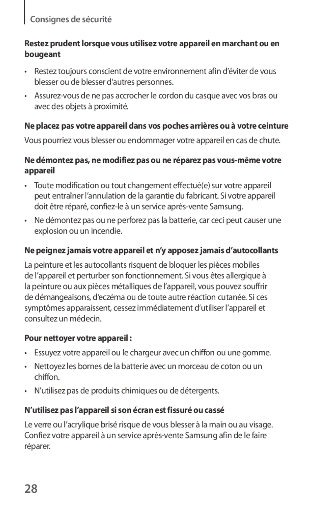 Samsung GT-I8190RWNNRJ manual Pour nettoyer votre appareil , ’utilisez pas l’appareil si son écran est fissuré ou cassé 